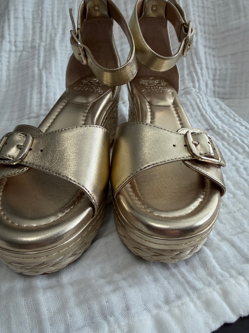 Vince Camuto Metallic Gold Platform Sandals with Ankle Buckle